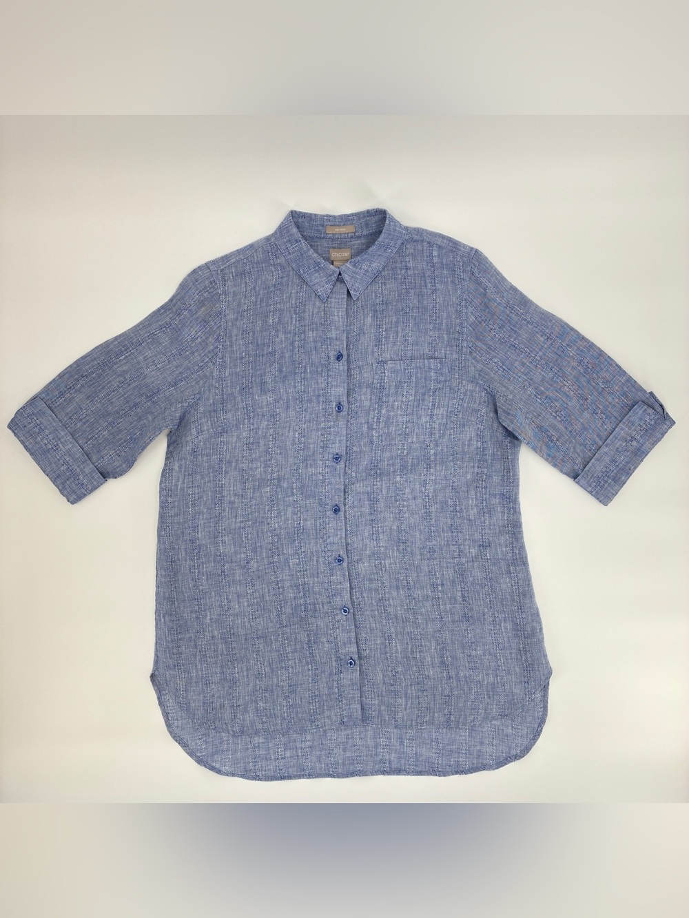 Chico’s Women Lagenlook Blue No Iron Linen Tunic Top Shirt Button Up Sz 2 12/14